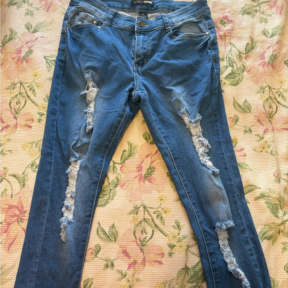 Fashion Nova Ripped Blue Skinny Jeans